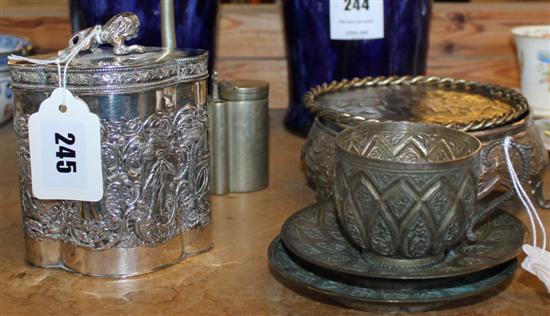 Tea caddy, decanter stand plaque & 2 cups & saucers